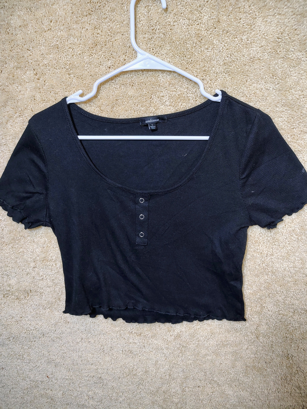 Ambiance Black Ribbed Scoop Neck Cropped Top with Snap Placket